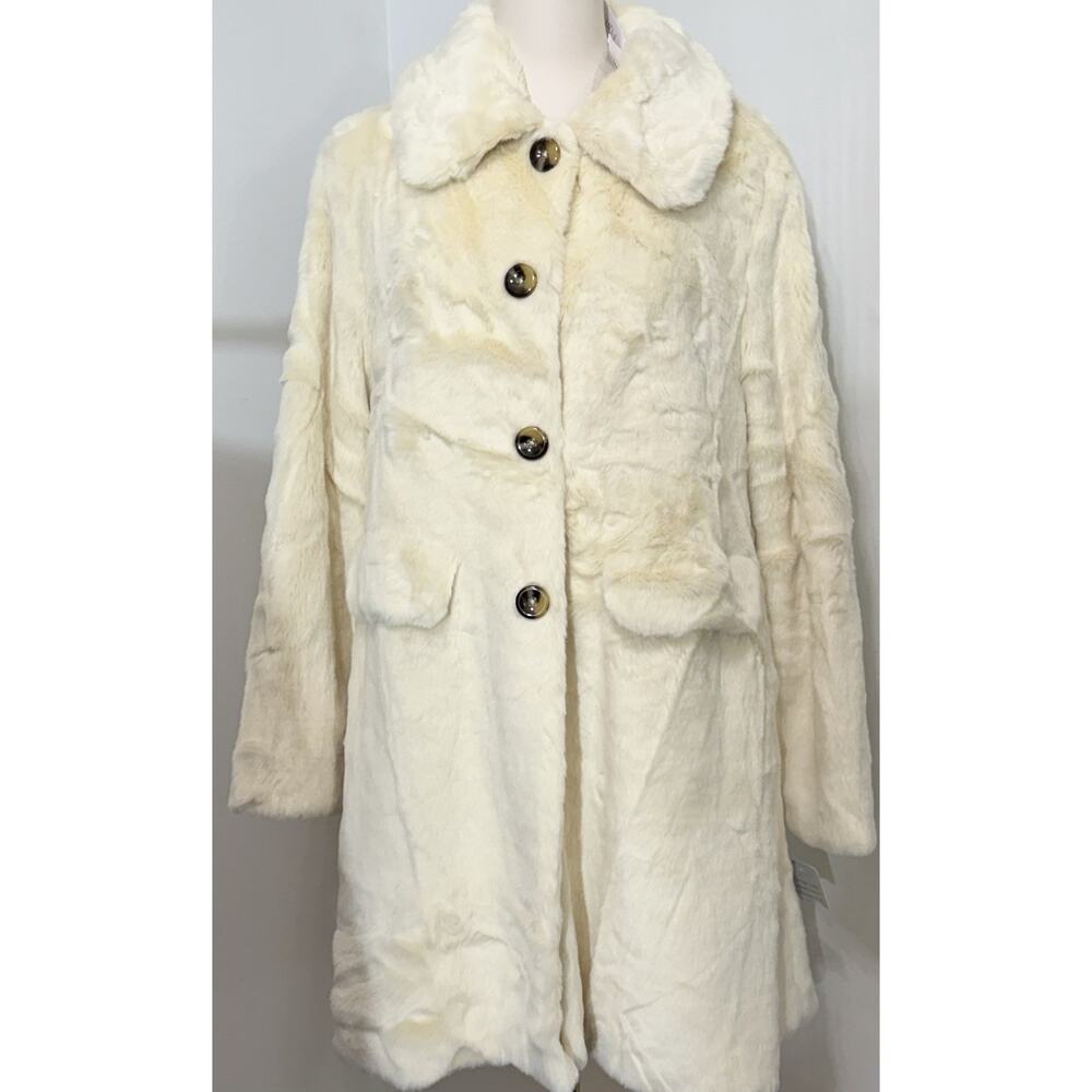 NEW Girl Meets Glam Cream Ivory Faux Rabbit Fur Coat W/ Pockets Size SMALL S